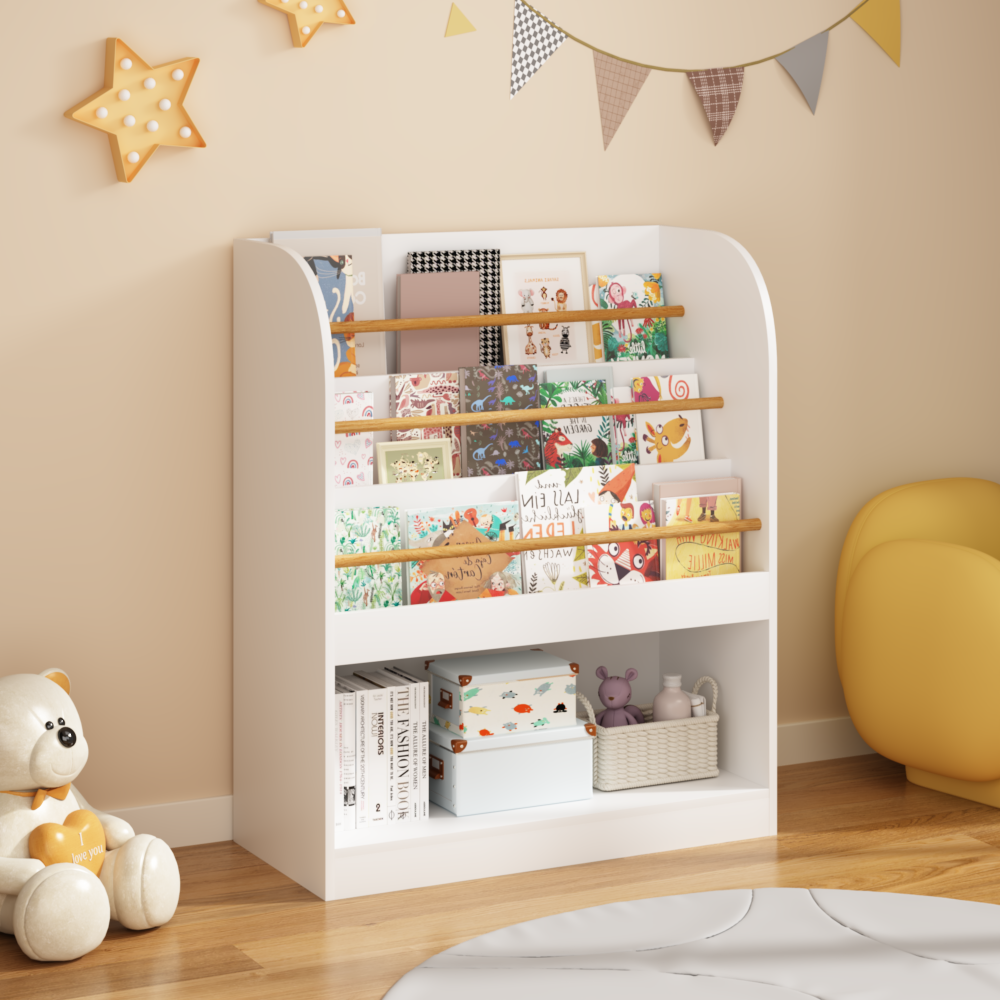 Kids Bookshelf with Open Storage, Front-Facing Children's Bookcase, Multi-Tier Wooden Book Display Shelf for Toddlers, Playroom, Bedroom, or Nursery - White