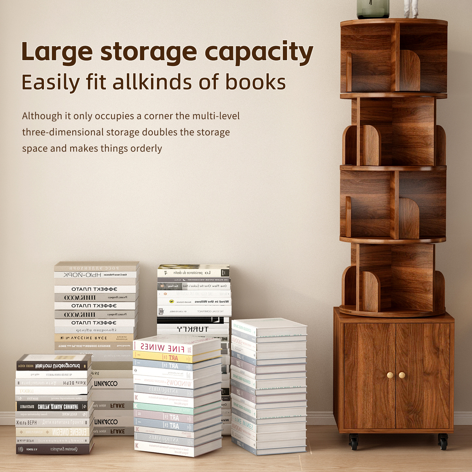 Rotating Bookshelf with Drawer, 360 Display 5 Tier Corner Bookshelf for Small Space, Floor Standing Bookcase Storage Rack, Wood Narrow Organizer for Bedroom, Living Room (WALNUT)
