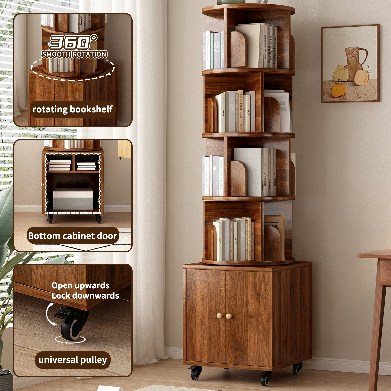 Rotating Bookshelf with Drawer, 360 Display 5 Tier Corner Bookshelf for Small Space, Floor Standing Bookcase Storage Rack, Wood Narrow Organizer for Bedroom, Living Room (WALNUT)