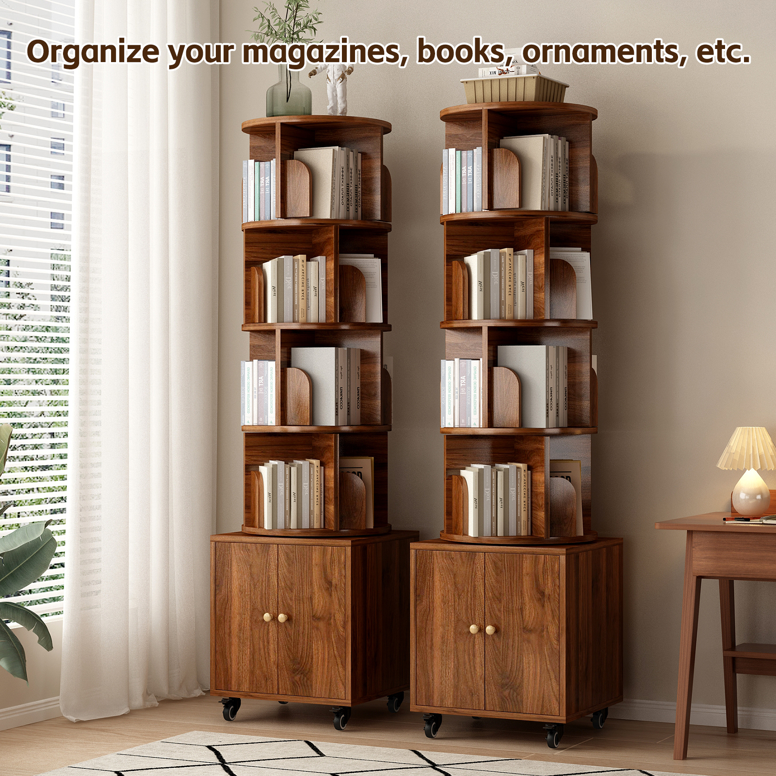 Rotating Bookshelf with Drawer, 360 Display 5 Tier Corner Bookshelf for Small Space, Floor Standing Bookcase Storage Rack, Wood Narrow Organizer for Bedroom, Living Room (WALNUT)