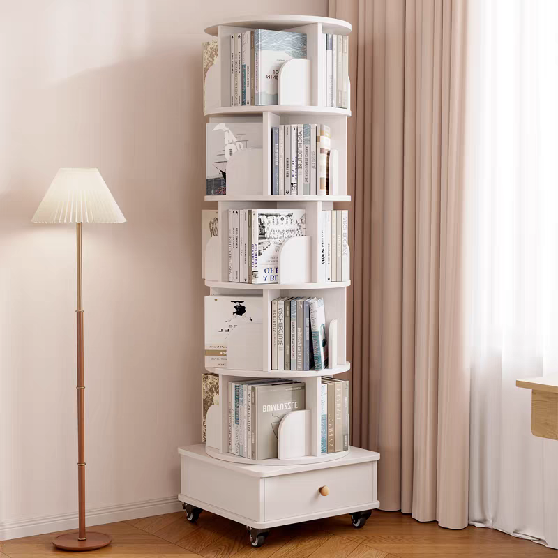 Rotating Bookshelf with Drawer, 360 Display 5 Tier Corner Bookshelf for Small Space, Floor Standing Bookcase Storage Rack, Wood Narrow Organizer for Bedroom, Living Room (WALNUT)