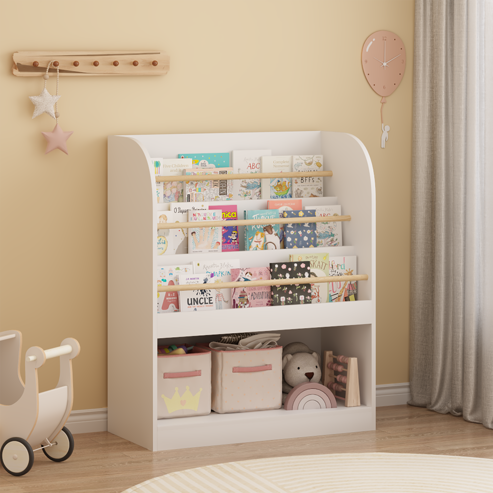 Kids Bookshelf with Open Storage, Front-Facing Children's Bookcase, Multi-Tier Wooden Book Display Shelf for Toddlers, Playroom, Bedroom, or Nursery - White