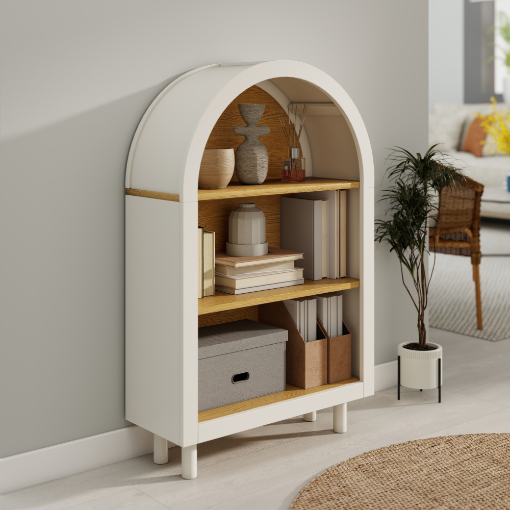 Arched Small Bookcase,Arched Storage Cabinet,Wooden Modern Arched Top Bookshelf with 3 Shelves,White with Woodgrain Shelves, 3-Tier Storage Shelf for Living Room, Bedroom, Entryway