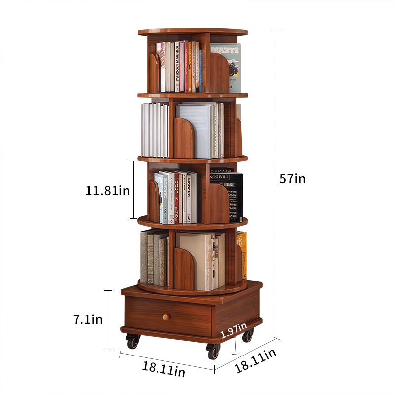 Rotating Bookshelf with Drawer, 360 Display 5 Tier Corner Bookshelf for Small Space, Floor Standing Bookcase Storage Rack, Wood Narrow Organizer for Bedroom, Living Room (WALNUT)