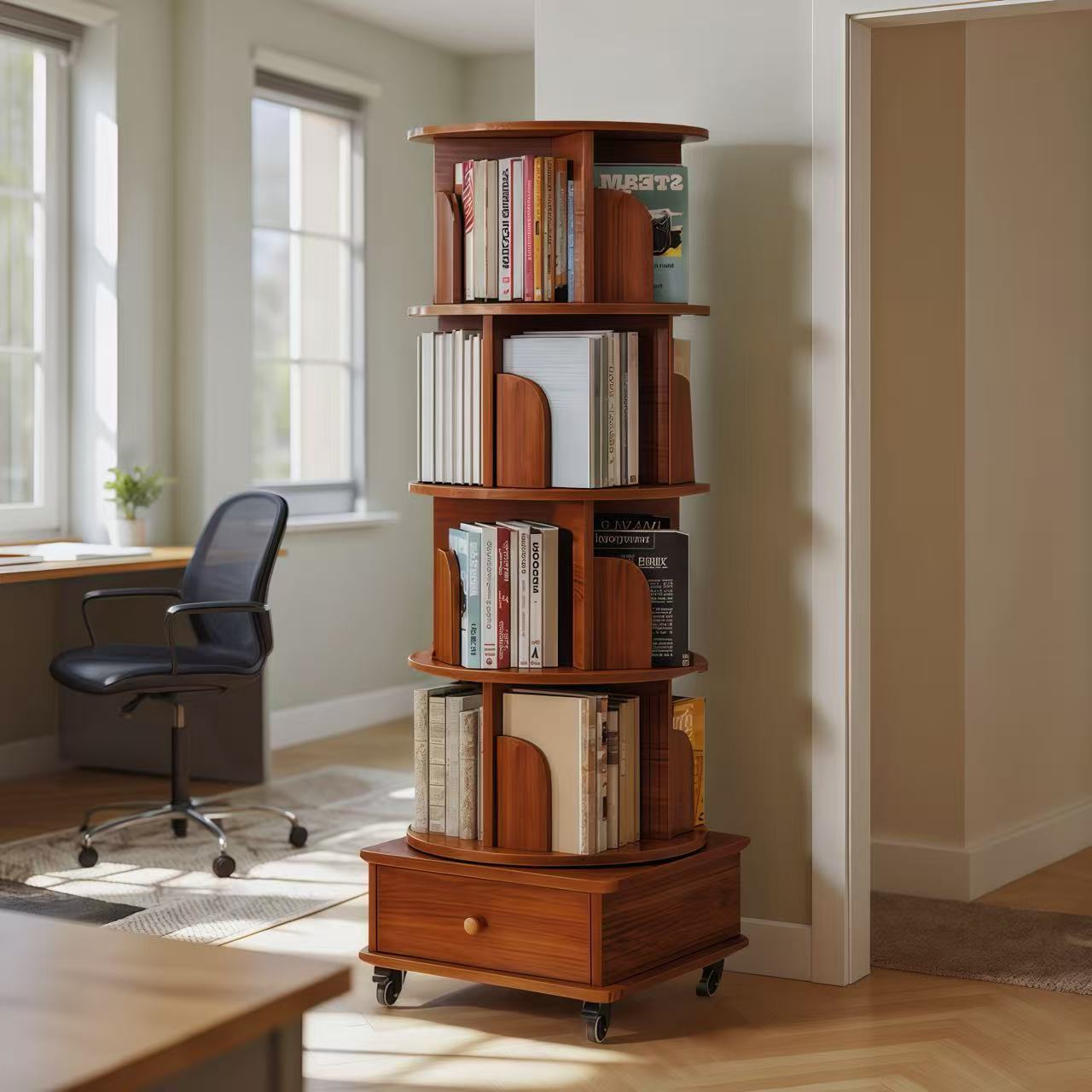 Rotating Bookshelf with Drawer, 360 Display 5 Tier Corner Bookshelf for Small Space, Floor Standing Bookcase Storage Rack, Wood Narrow Organizer for Bedroom, Living Room (WALNUT)