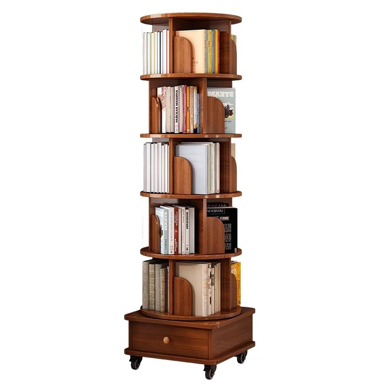 Rotating Bookshelf with Drawer, 360 Display 5 Tier Corner Bookshelf for Small Space, Floor Standing Bookcase Storage Rack, Wood Narrow Organizer for Bedroom, Living Room (WALNUT)