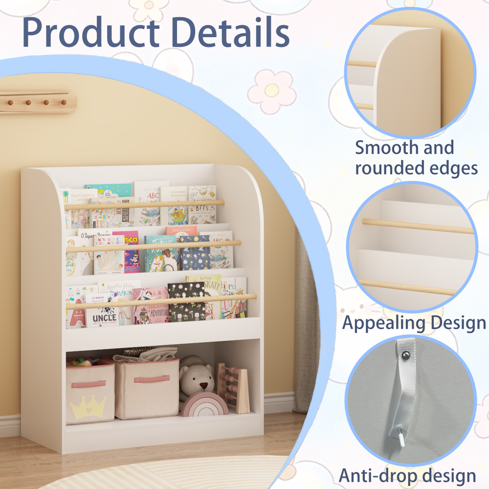 Kids Bookshelf with Open Storage, Front-Facing Children's Bookcase, Multi-Tier Wooden Book Display Shelf for Toddlers, Playroom, Bedroom, or Nursery - White