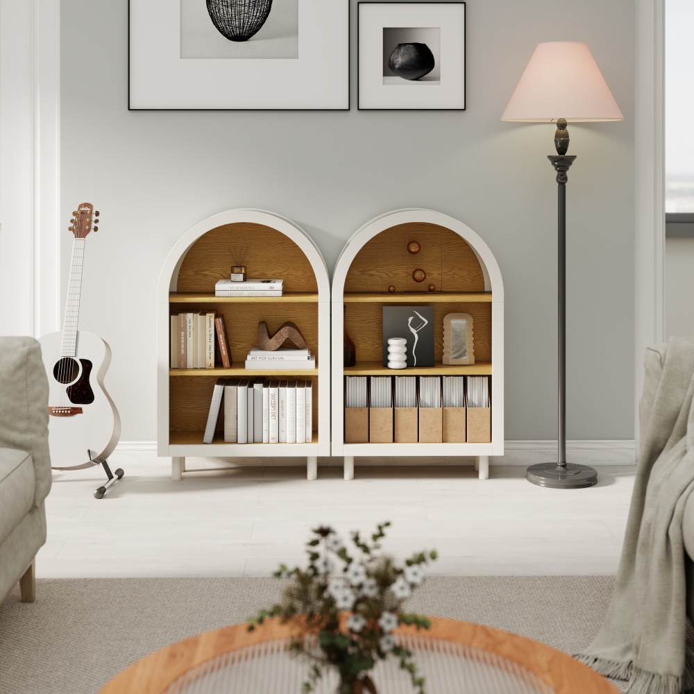 Arched Small Bookcase,Arched Storage Cabinet,Wooden Modern Arched Top Bookshelf with 3 Shelves,White with Woodgrain Shelves, 3-Tier Storage Shelf for Living Room, Bedroom, Entryway