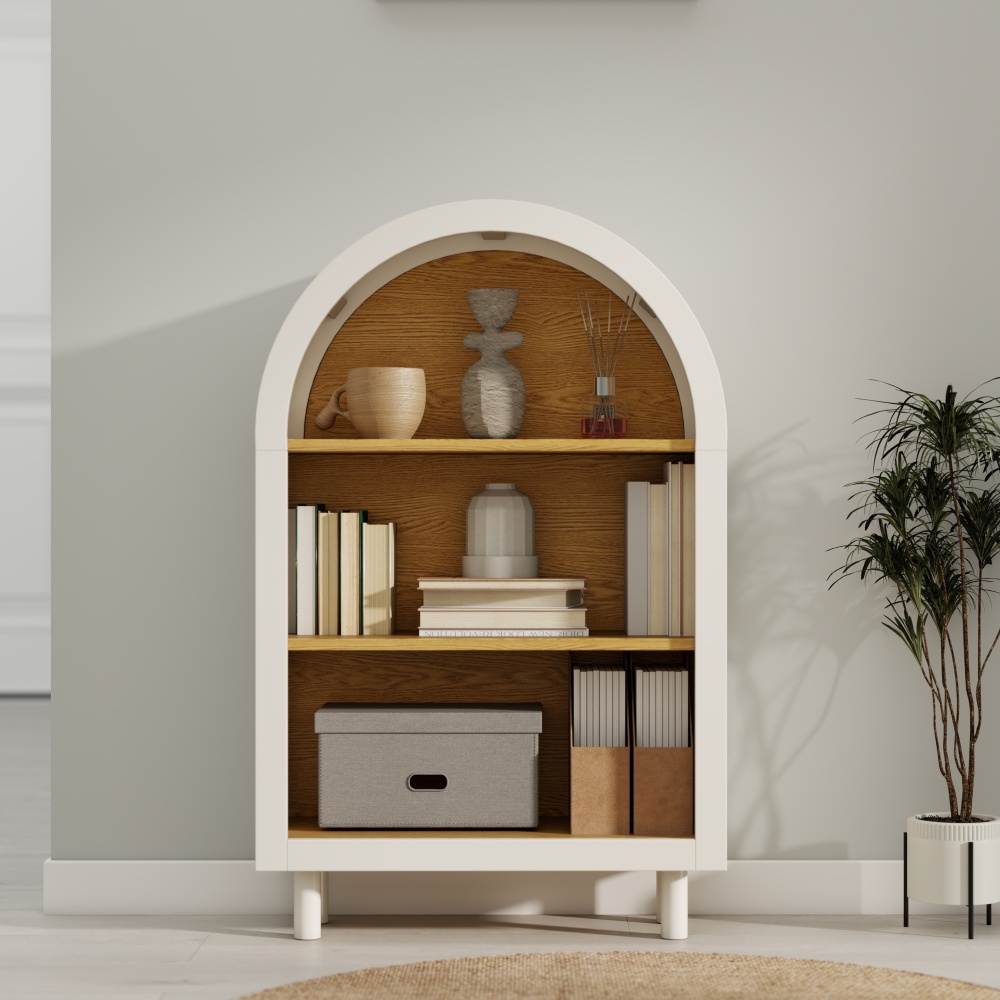 Arched Small Bookcase,Arched Storage Cabinet,Wooden Modern Arched Top Bookshelf with 3 Shelves,White with Woodgrain Shelves, 3-Tier Storage Shelf for Living Room, Bedroom, Entryway