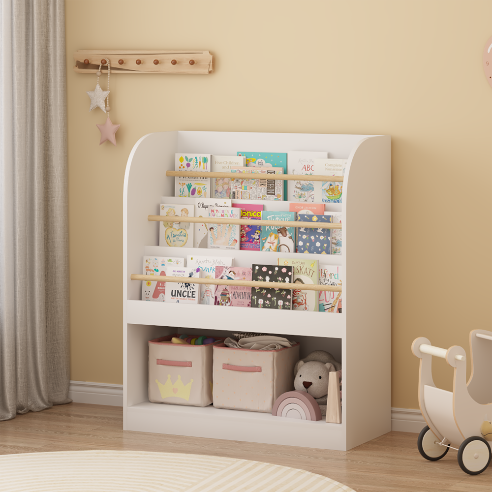 Kids Bookshelf with Open Storage, Front-Facing Children's Bookcase, Multi-Tier Wooden Book Display Shelf for Toddlers, Playroom, Bedroom, or Nursery - White