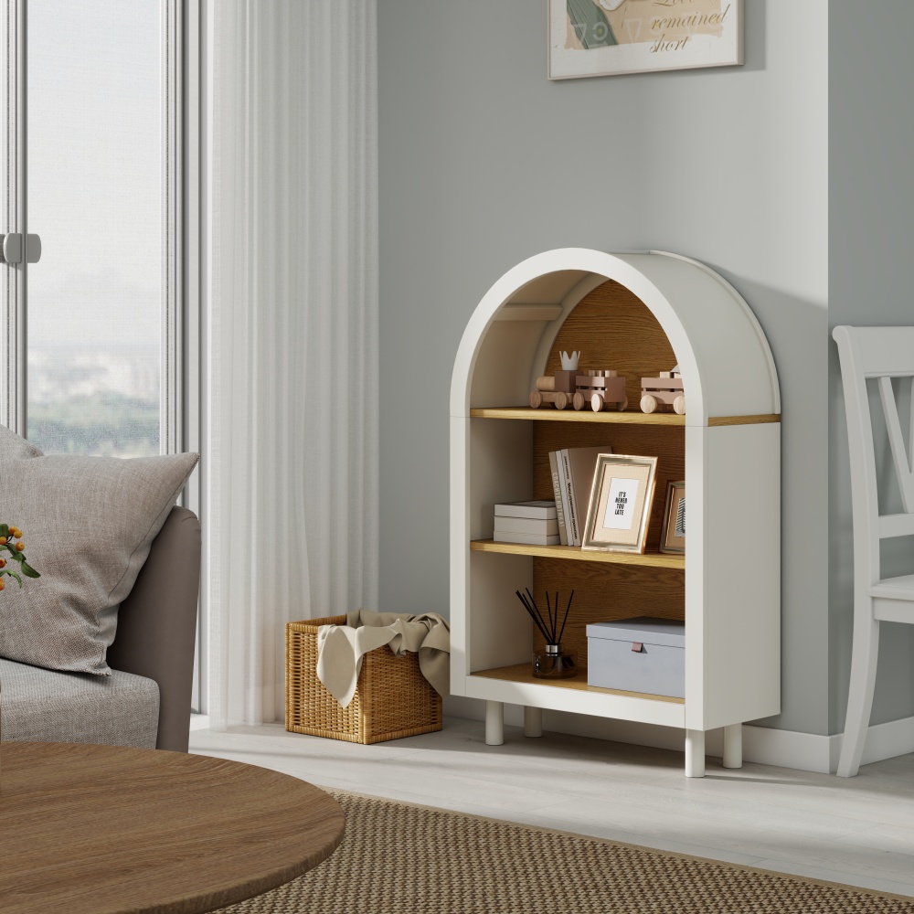 Arched Small Bookcase,Arched Storage Cabinet,Wooden Modern Arched Top Bookshelf with 3 Shelves,White with Woodgrain Shelves, 3-Tier Storage Shelf for Living Room, Bedroom, Entryway