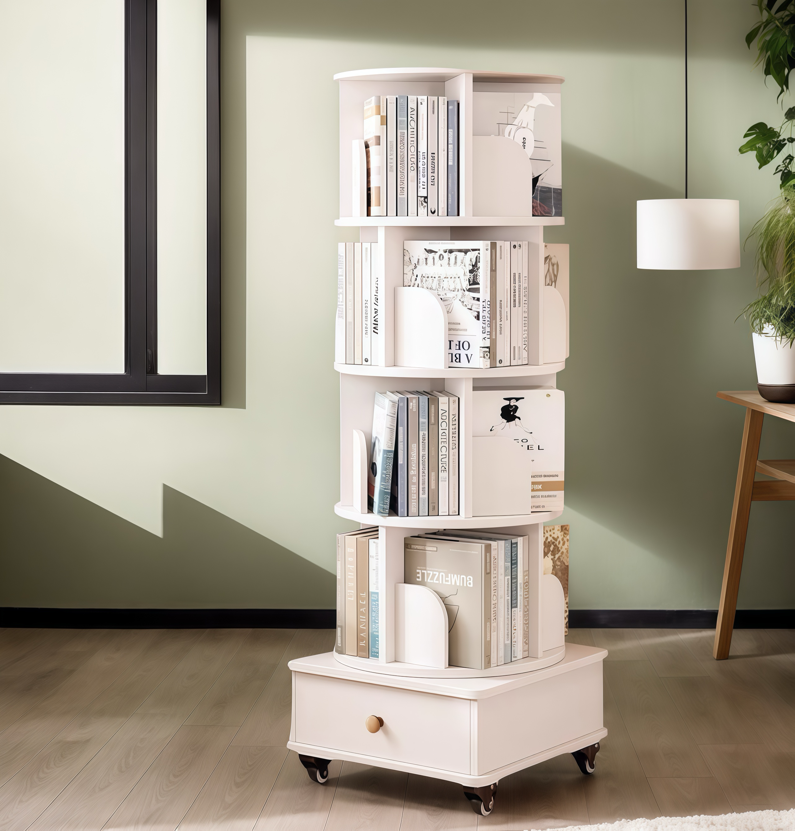 Rotating Bookshelf with Drawer, 360 Display 5 Tier Corner Bookshelf for Small Space, Floor Standing Bookcase Storage Rack, Wood Narrow Organizer for Bedroom, Living Room (WALNUT)