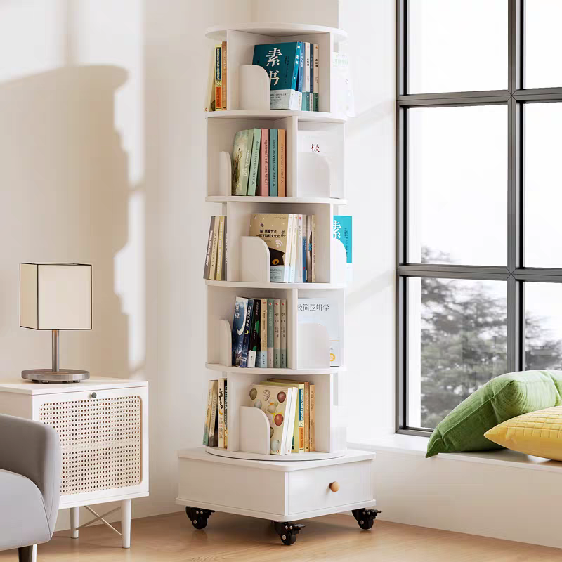 Rotating Bookshelf with Drawer, 360 Display 5 Tier Corner Bookshelf for Small Space, Floor Standing Bookcase Storage Rack, Wood Narrow Organizer for Bedroom, Living Room (WALNUT)