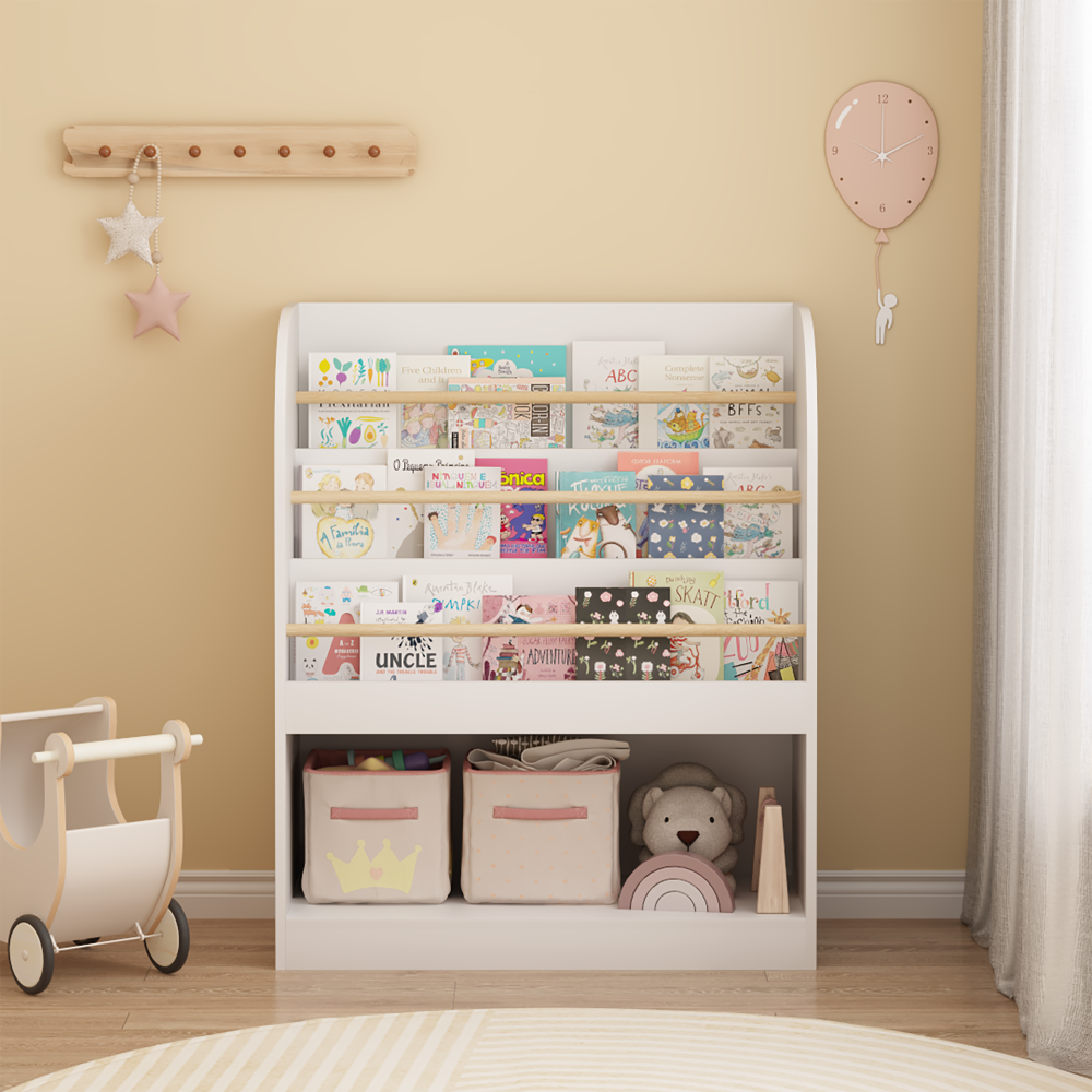 Kids Bookshelf with Open Storage, Front-Facing Children's Bookcase, Multi-Tier Wooden Book Display Shelf for Toddlers, Playroom, Bedroom, or Nursery - White