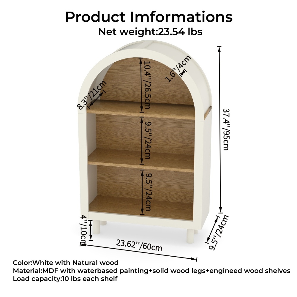 Arched Small Bookcase,Arched Storage Cabinet,Wooden Modern Arched Top Bookshelf with 3 Shelves,White with Woodgrain Shelves, 3-Tier Storage Shelf for Living Room, Bedroom, Entryway