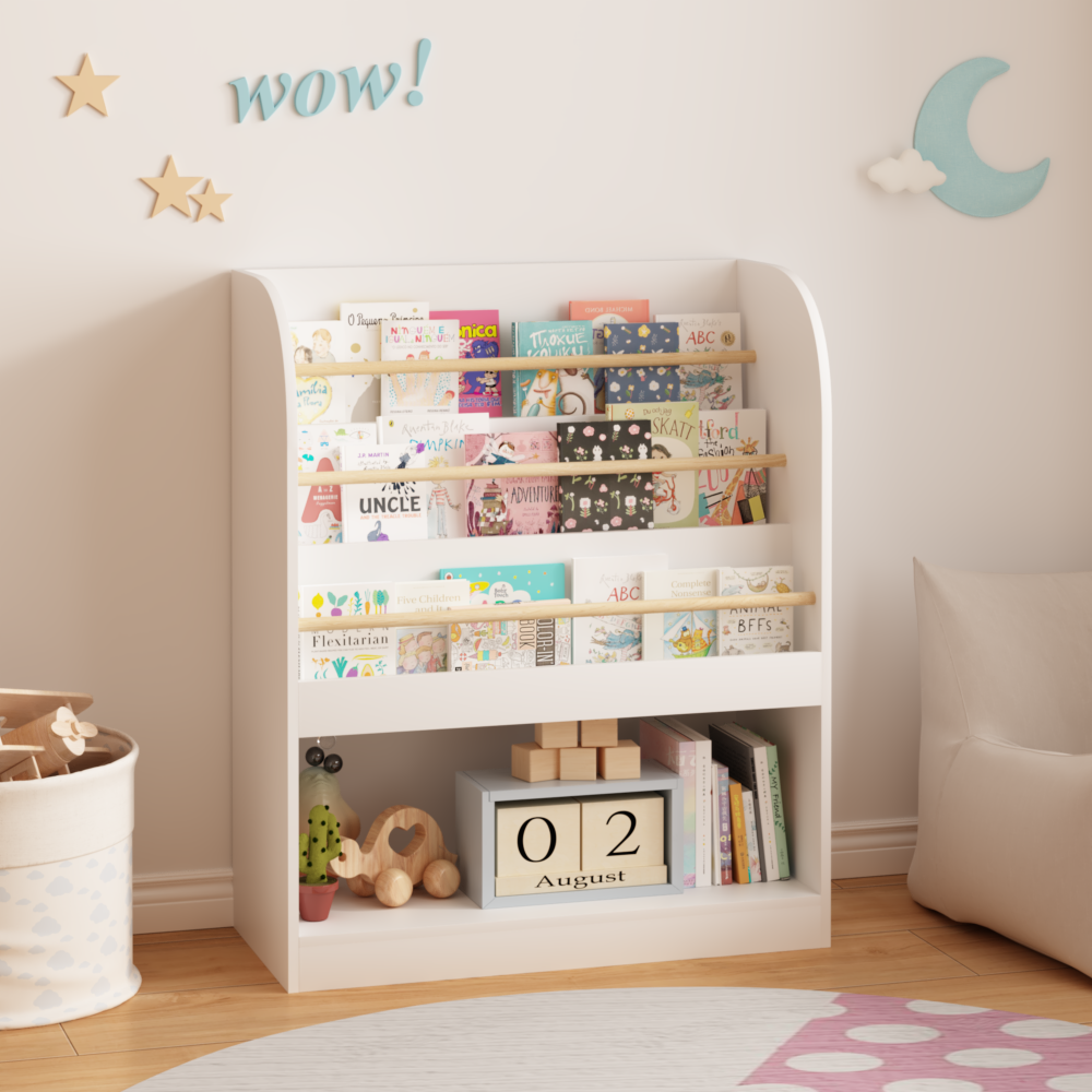 Kids Bookshelf with Open Storage, Front-Facing Children's Bookcase, Multi-Tier Wooden Book Display Shelf for Toddlers, Playroom, Bedroom, or Nursery - White