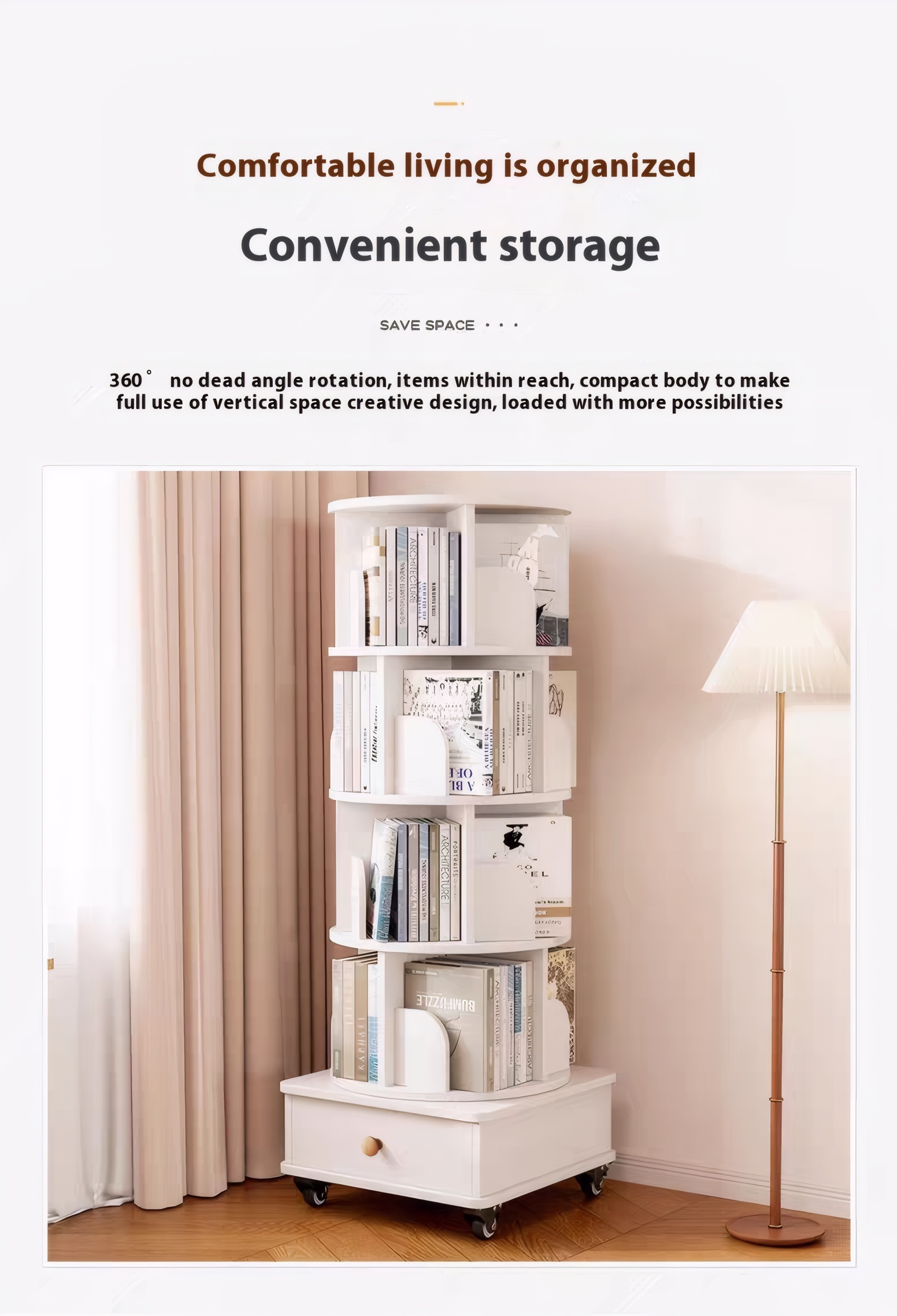 Rotating Bookshelf with Drawer, 360 Display 5 Tier Corner Bookshelf for Small Space, Floor Standing Bookcase Storage Rack, Wood Narrow Organizer for Bedroom, Living Room (WALNUT)