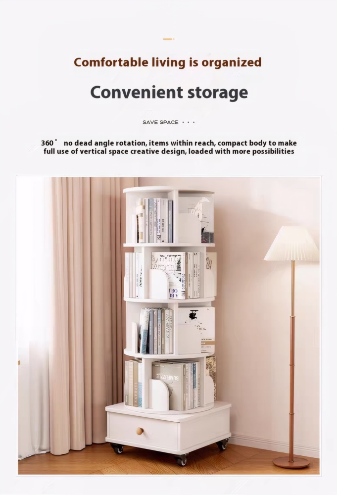 Rotating Bookshelf with Drawer, 360 Display 5 Tier Corner Bookshelf for Small Space, Floor Standing Bookcase Storage Rack, Wood Narrow Organizer for Bedroom, Living Room (WALNUT)