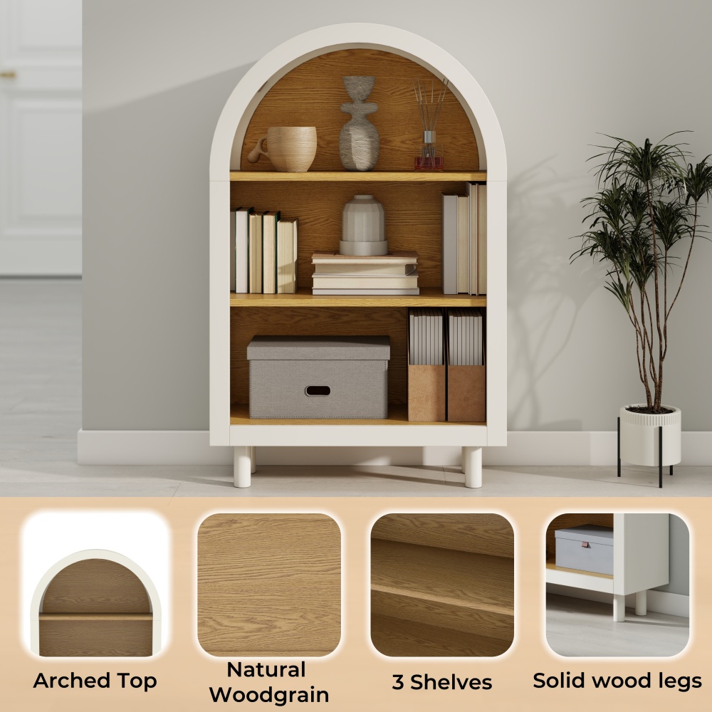 Arched Small Bookcase,Arched Storage Cabinet,Wooden Modern Arched Top Bookshelf with 3 Shelves,White with Woodgrain Shelves, 3-Tier Storage Shelf for Living Room, Bedroom, Entryway