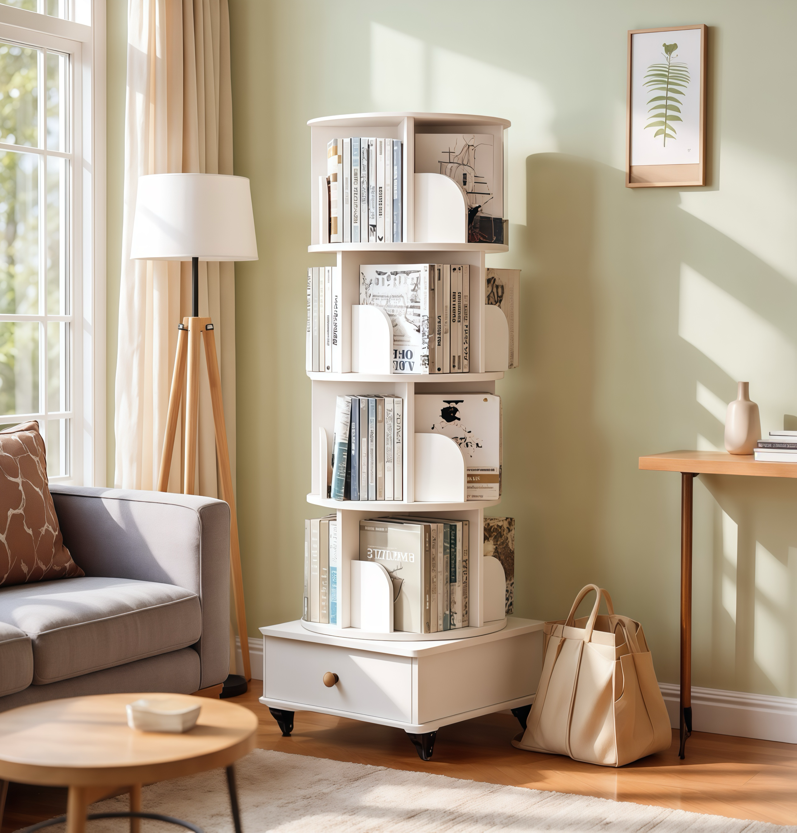 Rotating Bookshelf with Drawer, 360 Display 5 Tier Corner Bookshelf for Small Space, Floor Standing Bookcase Storage Rack, Wood Narrow Organizer for Bedroom, Living Room (WALNUT)
