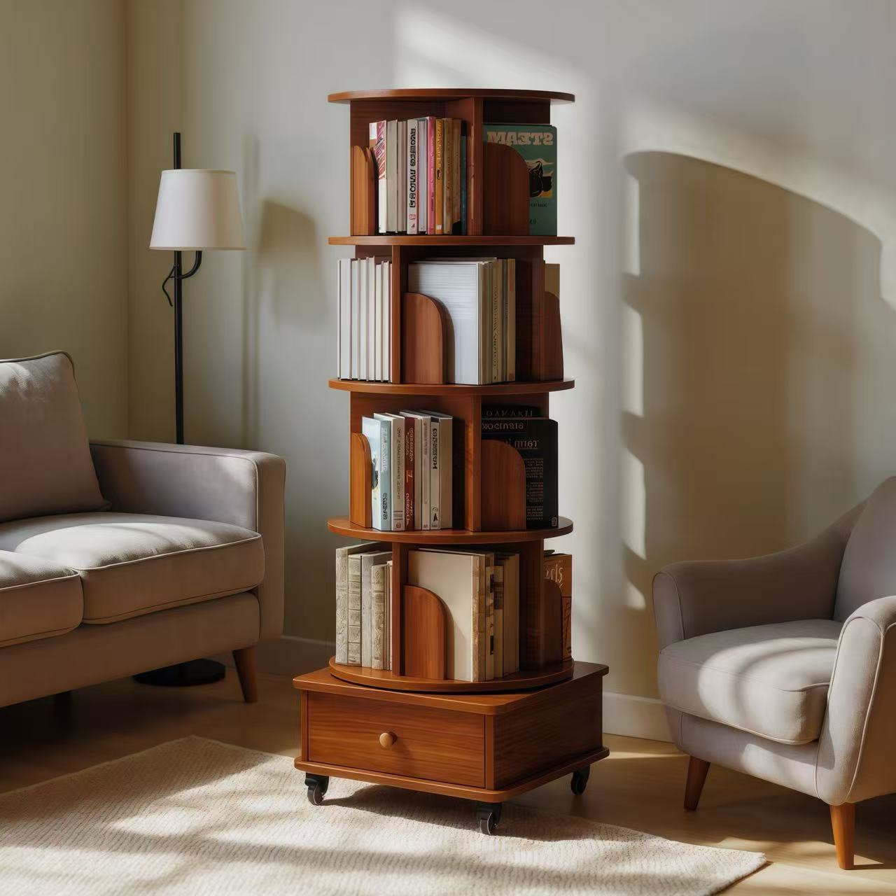 Rotating Bookshelf with Drawer, 360 Display 5 Tier Corner Bookshelf for Small Space, Floor Standing Bookcase Storage Rack, Wood Narrow Organizer for Bedroom, Living Room (WALNUT)