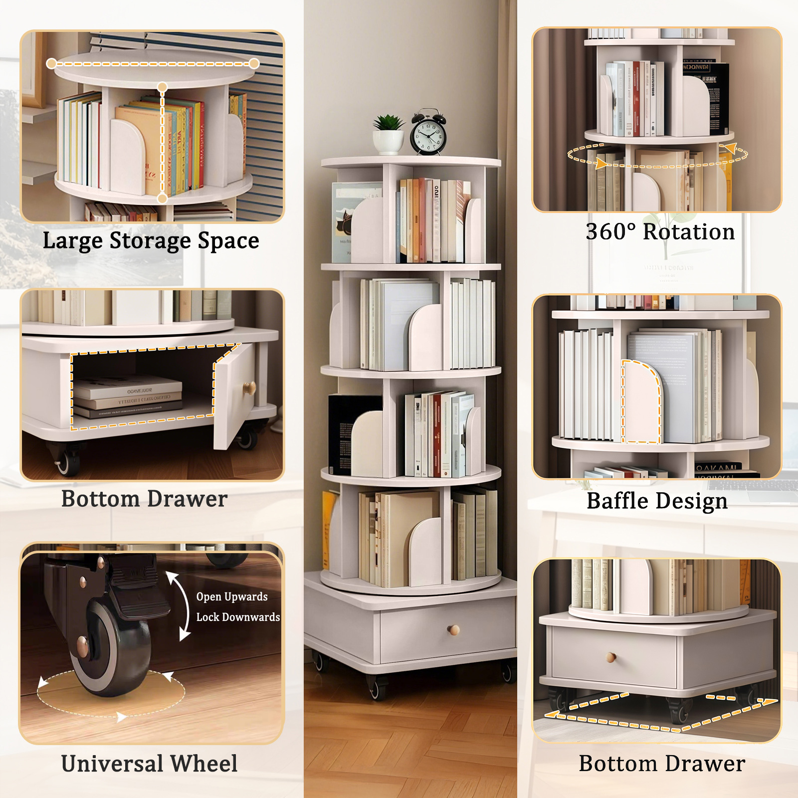 Rotating Bookshelf with Drawer, 360 Display 5 Tier Corner Bookshelf for Small Space, Floor Standing Bookcase Storage Rack, Wood Narrow Organizer for Bedroom, Living Room (WALNUT)