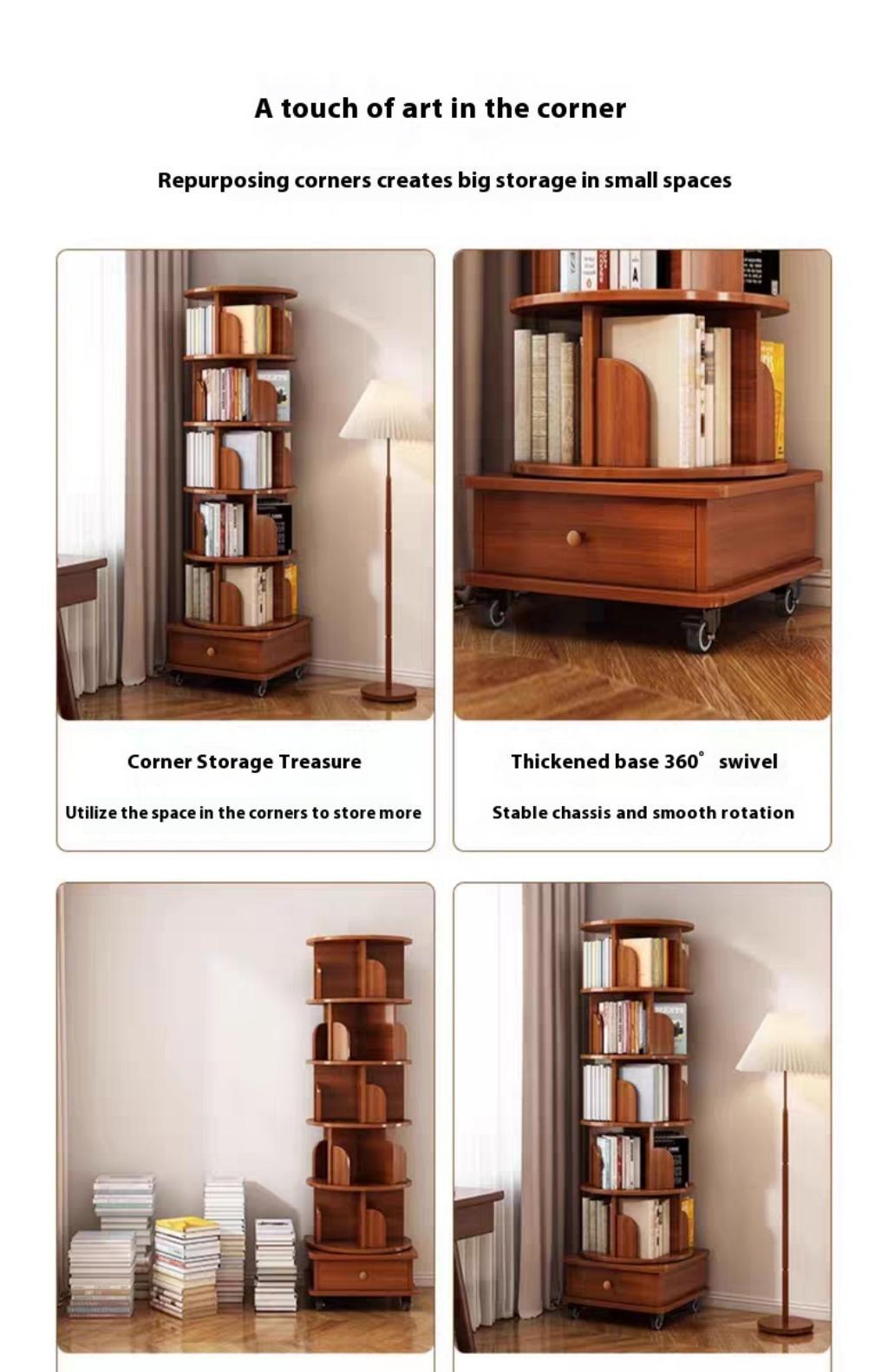 Rotating Bookshelf with Drawer, 360 Display 5 Tier Corner Bookshelf for Small Space, Floor Standing Bookcase Storage Rack, Wood Narrow Organizer for Bedroom, Living Room (WALNUT)
