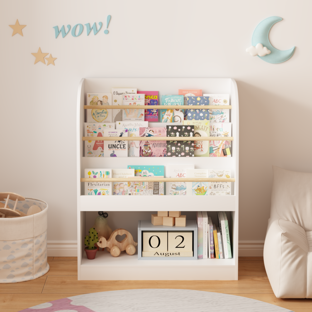 Kids Bookshelf with Open Storage, Front-Facing Children's Bookcase, Multi-Tier Wooden Book Display Shelf for Toddlers, Playroom, Bedroom, or Nursery - White