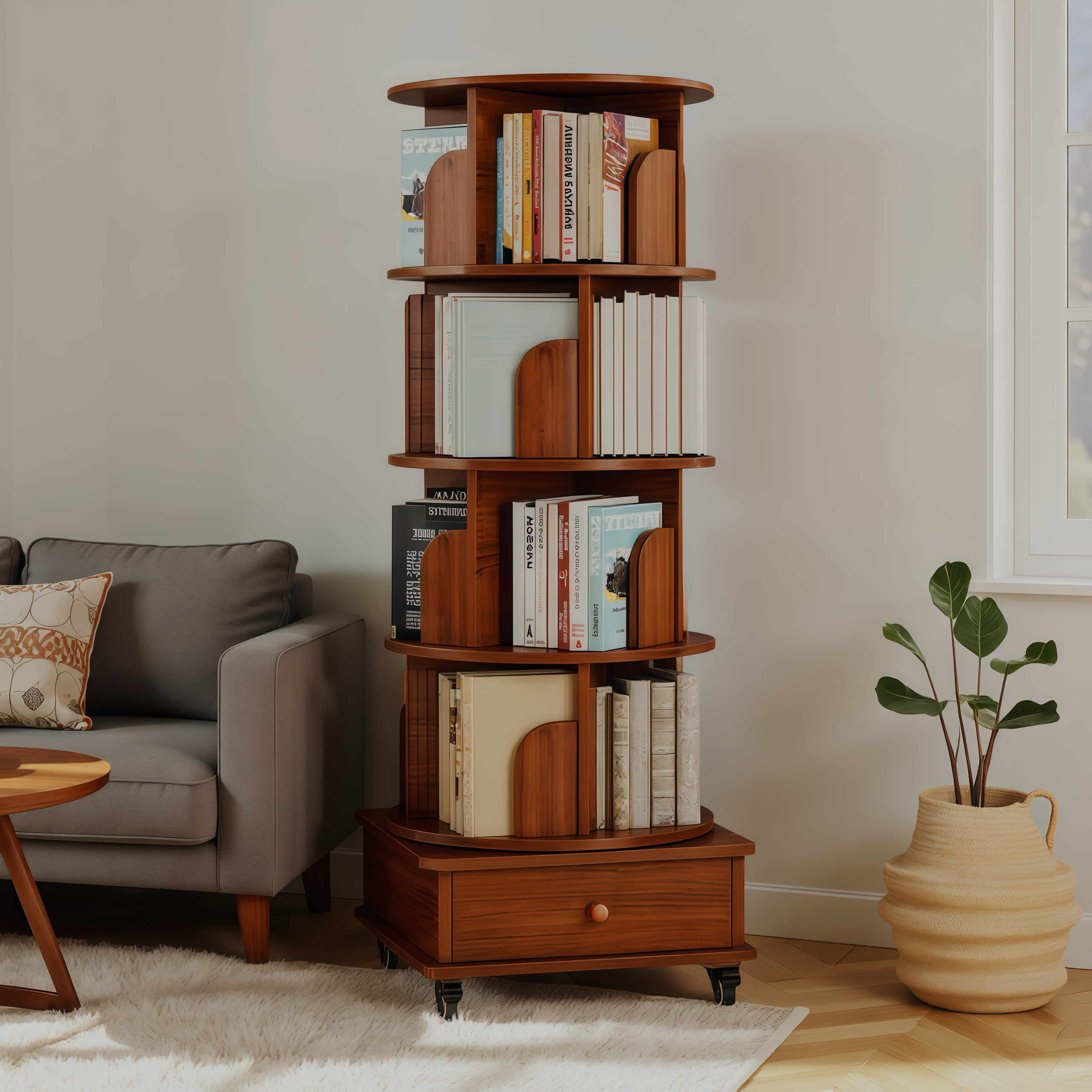 Rotating Bookshelf with Drawer, 360 Display 5 Tier Corner Bookshelf for Small Space, Floor Standing Bookcase Storage Rack, Wood Narrow Organizer for Bedroom, Living Room (WALNUT)