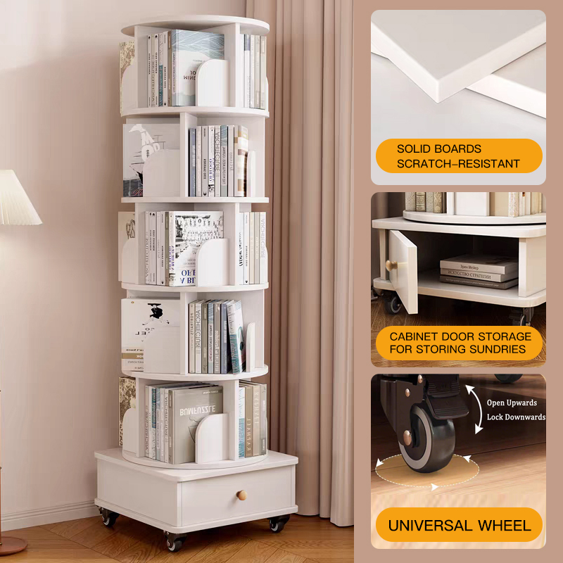 Rotating Bookshelf with Drawer, 360 Display 5 Tier Corner Bookshelf for Small Space, Floor Standing Bookcase Storage Rack, Wood Narrow Organizer for Bedroom, Living Room (WALNUT)