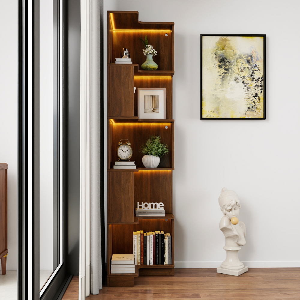 Corner Book Shelf - 5 Tier Corner Bookshelf Bookcase with Baffle, Freestanding L Shaped Display Shelf Stand with led lights for Home Office, Living Room, Bedroom, Kitchen