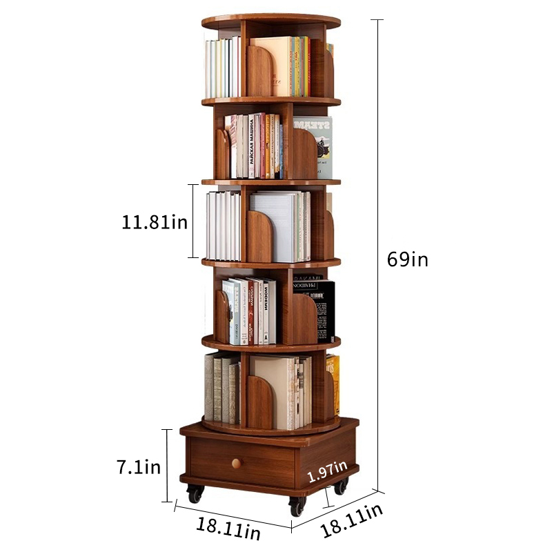 Rotating Bookshelf with Drawer, 360 Display 5 Tier Corner Bookshelf for Small Space, Floor Standing Bookcase Storage Rack, Wood Narrow Organizer for Bedroom, Living Room (WALNUT)