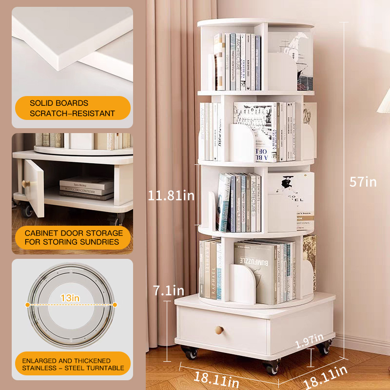 Rotating Bookshelf with Drawer, 360 Display 5 Tier Corner Bookshelf for Small Space, Floor Standing Bookcase Storage Rack, Wood Narrow Organizer for Bedroom, Living Room (WALNUT)