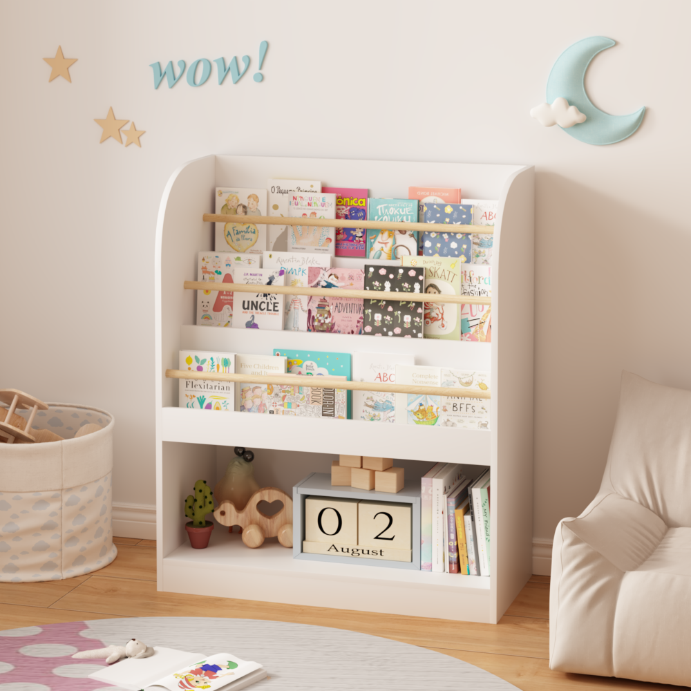Kids Bookshelf with Open Storage, Front-Facing Children's Bookcase, Multi-Tier Wooden Book Display Shelf for Toddlers, Playroom, Bedroom, or Nursery - White