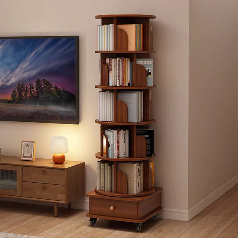 Rotating Bookshelf with Drawer, 360 Display 5 Tier Corner Bookshelf for Small Space, Floor Standing Bookcase Storage Rack, Wood Narrow Organizer for Bedroom, Living Room (WALNUT)