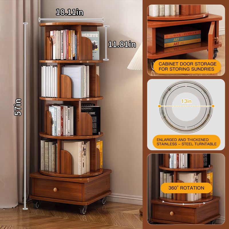 Rotating Bookshelf with Drawer, 360 Display 5 Tier Corner Bookshelf for Small Space, Floor Standing Bookcase Storage Rack, Wood Narrow Organizer for Bedroom, Living Room (WALNUT)