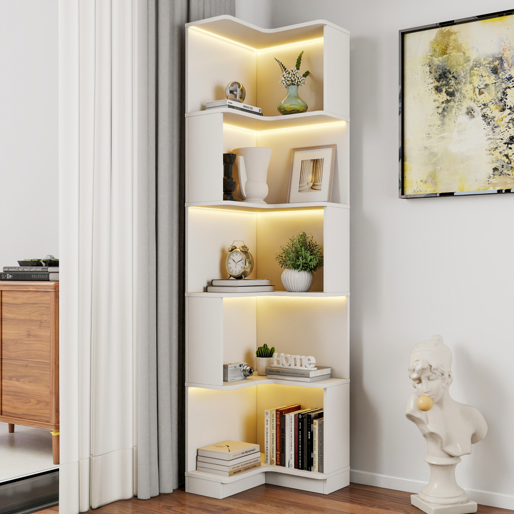 Corner Book Shelf - 5 Tier Corner Bookshelf Bookcase with Baffle, Freestanding L Shaped Display Shelf Stand with led lights for Home Office, Living Room, Bedroom, Kitchen