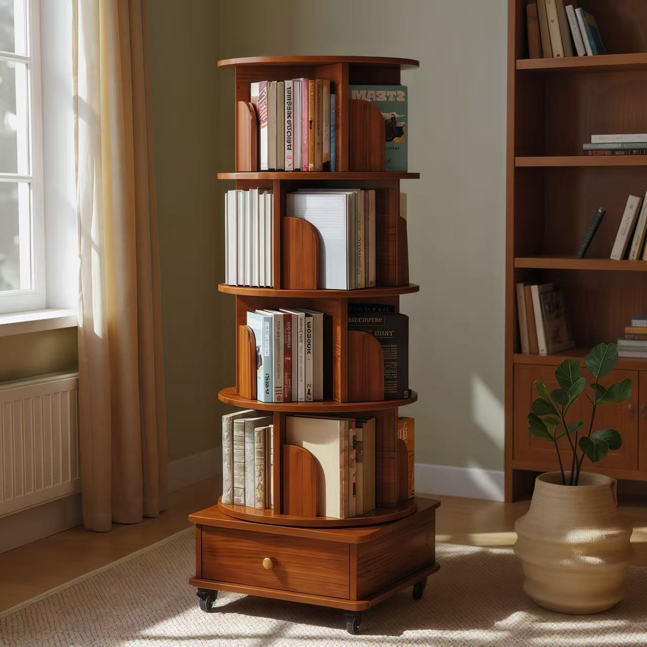 Rotating Bookshelf with Drawer, 360 Display 5 Tier Corner Bookshelf for Small Space, Floor Standing Bookcase Storage Rack, Wood Narrow Organizer for Bedroom, Living Room (WALNUT)