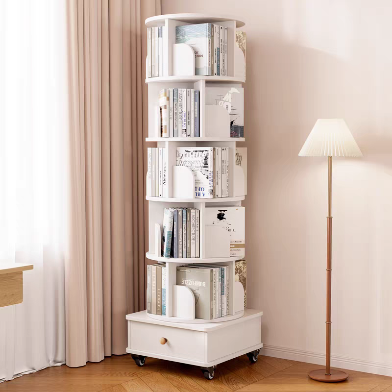 Rotating Bookshelf with Drawer, 360 Display 5 Tier Corner Bookshelf for Small Space, Floor Standing Bookcase Storage Rack, Wood Narrow Organizer for Bedroom, Living Room (WALNUT)