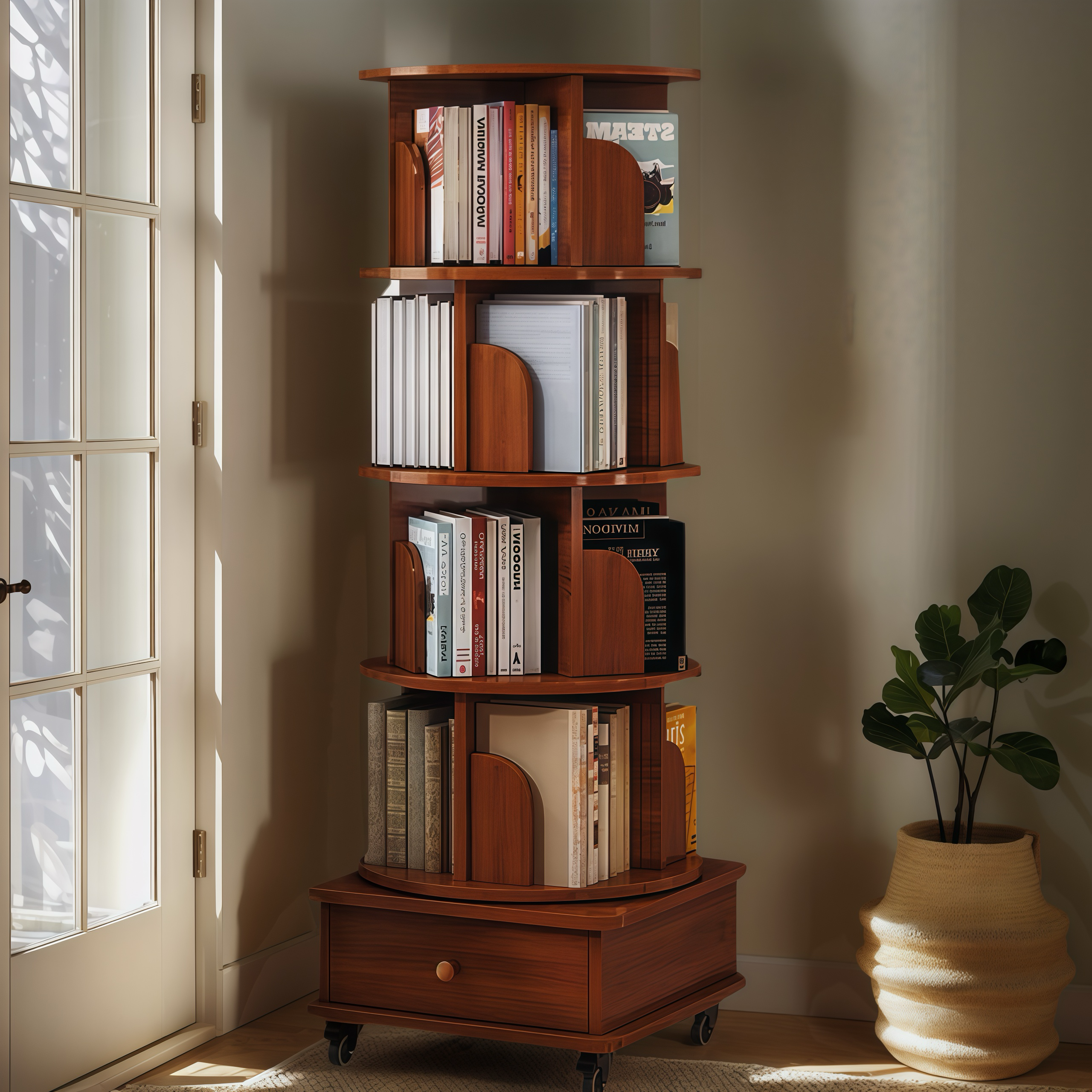 Rotating Bookshelf with Drawer, 360 Display 5 Tier Corner Bookshelf for Small Space, Floor Standing Bookcase Storage Rack, Wood Narrow Organizer for Bedroom, Living Room (WALNUT)