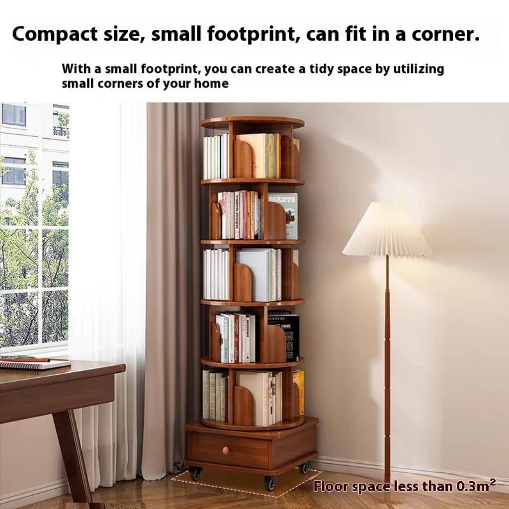 Rotating Bookshelf with Drawer, 360 Display 5 Tier Corner Bookshelf for Small Space, Floor Standing Bookcase Storage Rack, Wood Narrow Organizer for Bedroom, Living Room (WALNUT)