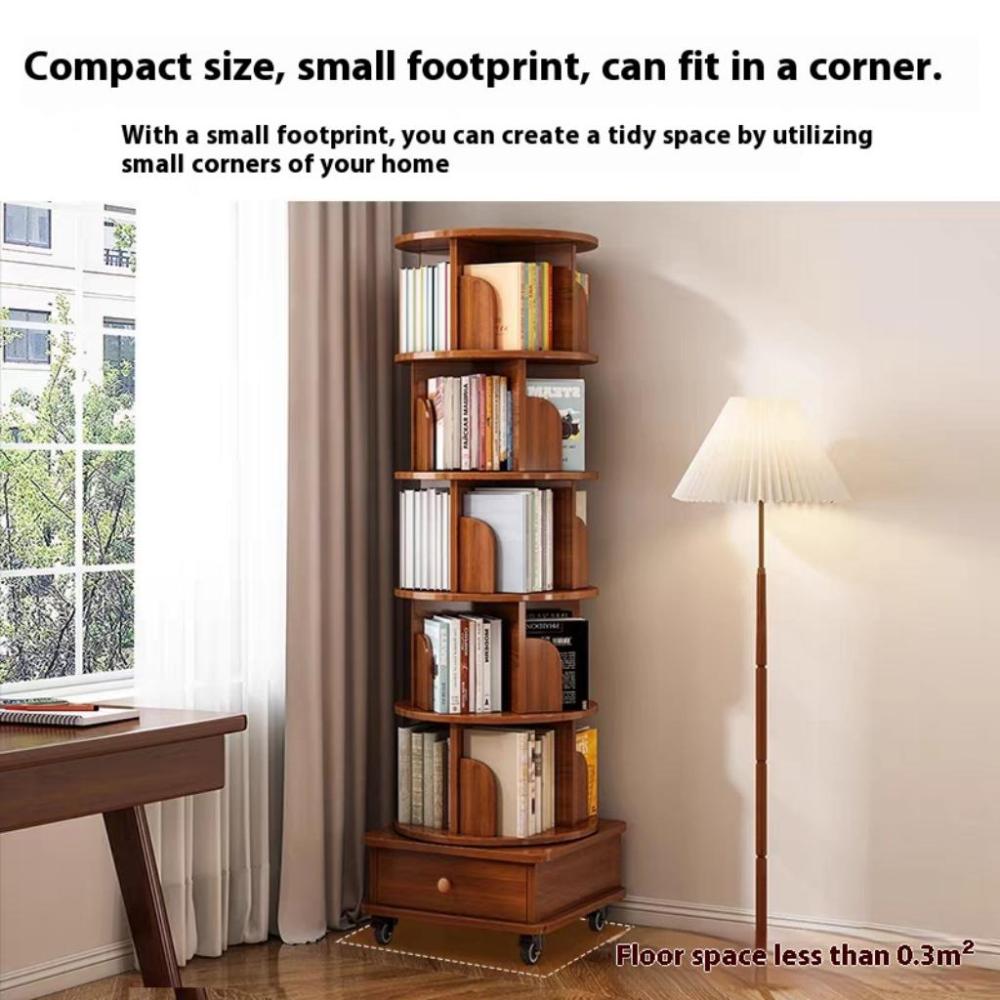 Rotating Bookshelf with Drawer, 360 Display 5 Tier Corner Bookshelf for Small Space, Floor Standing Bookcase Storage Rack, Wood Narrow Organizer for Bedroom, Living Room (WALNUT)