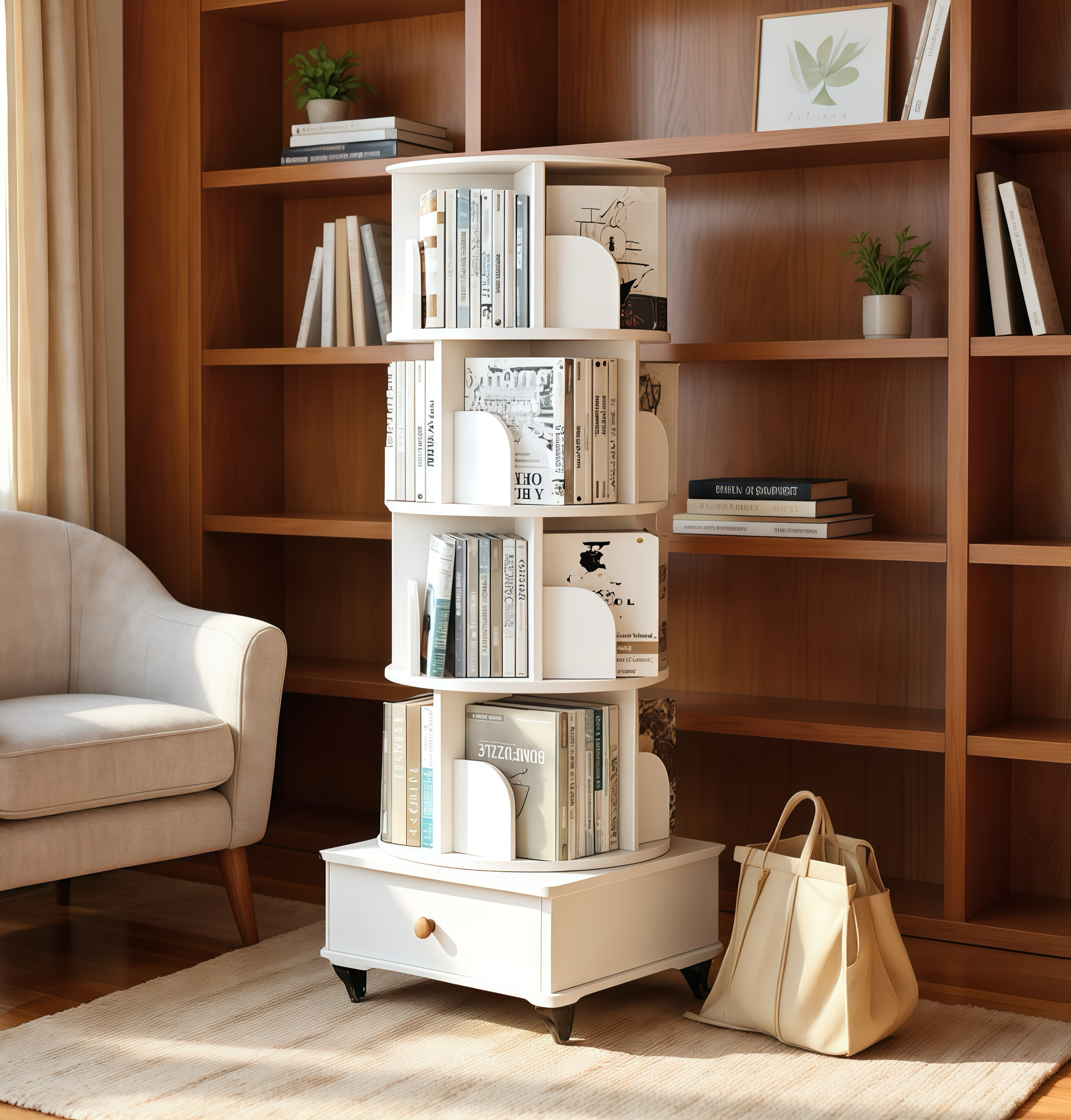 Rotating Bookshelf with Drawer, 360 Display 5 Tier Corner Bookshelf for Small Space, Floor Standing Bookcase Storage Rack, Wood Narrow Organizer for Bedroom, Living Room (WALNUT)