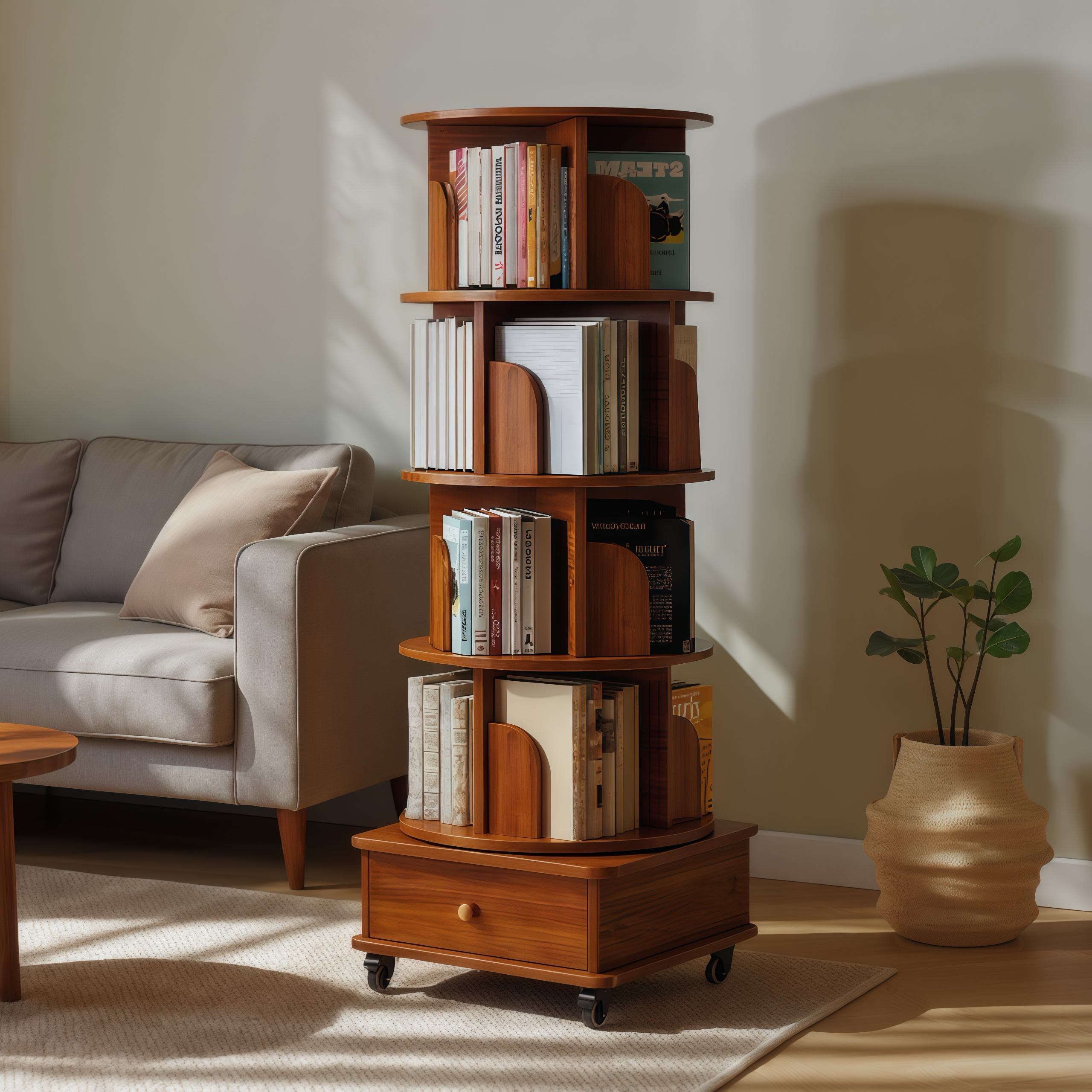Rotating Bookshelf with Drawer, 360 Display 5 Tier Corner Bookshelf for Small Space, Floor Standing Bookcase Storage Rack, Wood Narrow Organizer for Bedroom, Living Room (WALNUT)