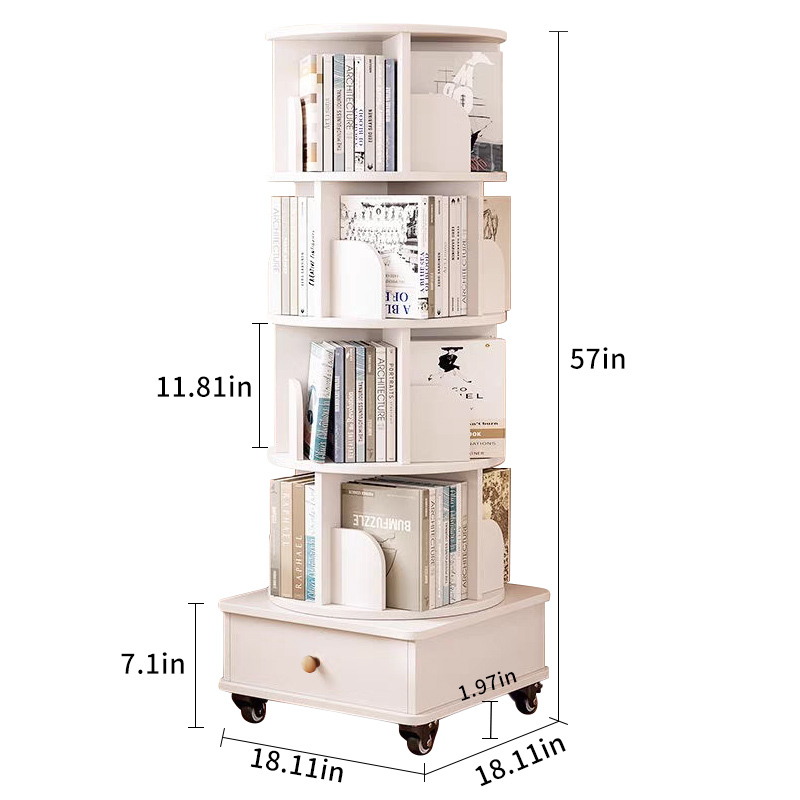 Rotating Bookshelf with Drawer, 360 Display 5 Tier Corner Bookshelf for Small Space, Floor Standing Bookcase Storage Rack, Wood Narrow Organizer for Bedroom, Living Room (WALNUT)