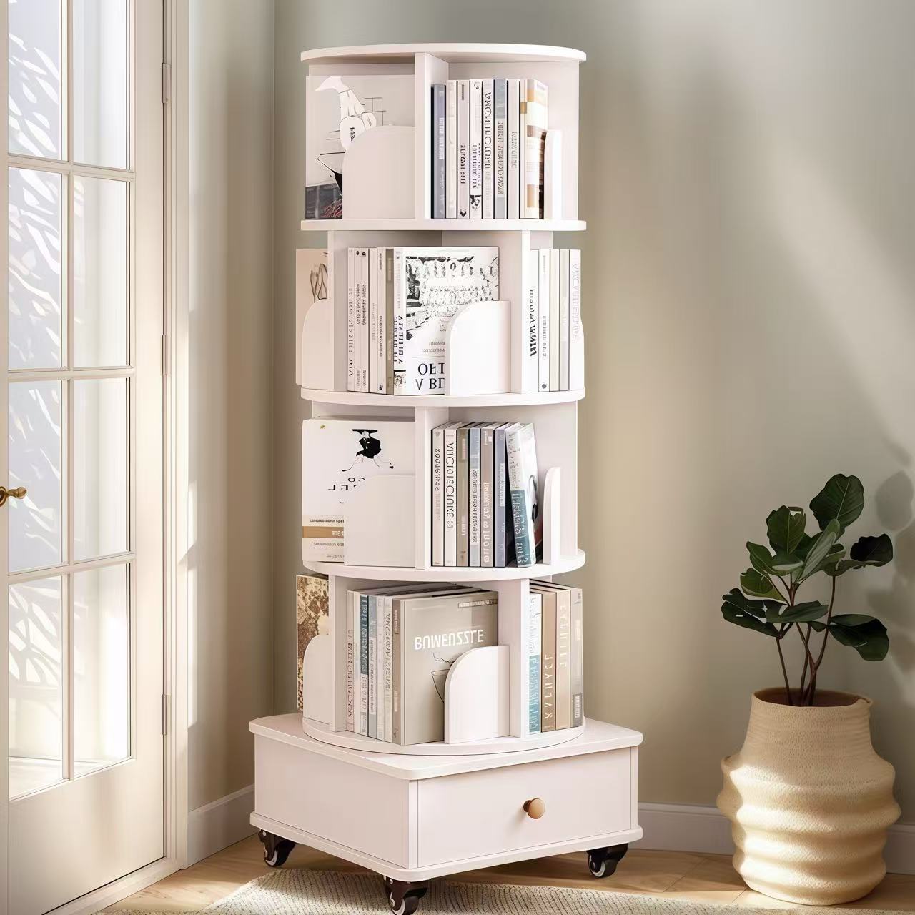 Rotating Bookshelf with Drawer, 360 Display 5 Tier Corner Bookshelf for Small Space, Floor Standing Bookcase Storage Rack, Wood Narrow Organizer for Bedroom, Living Room (WALNUT)