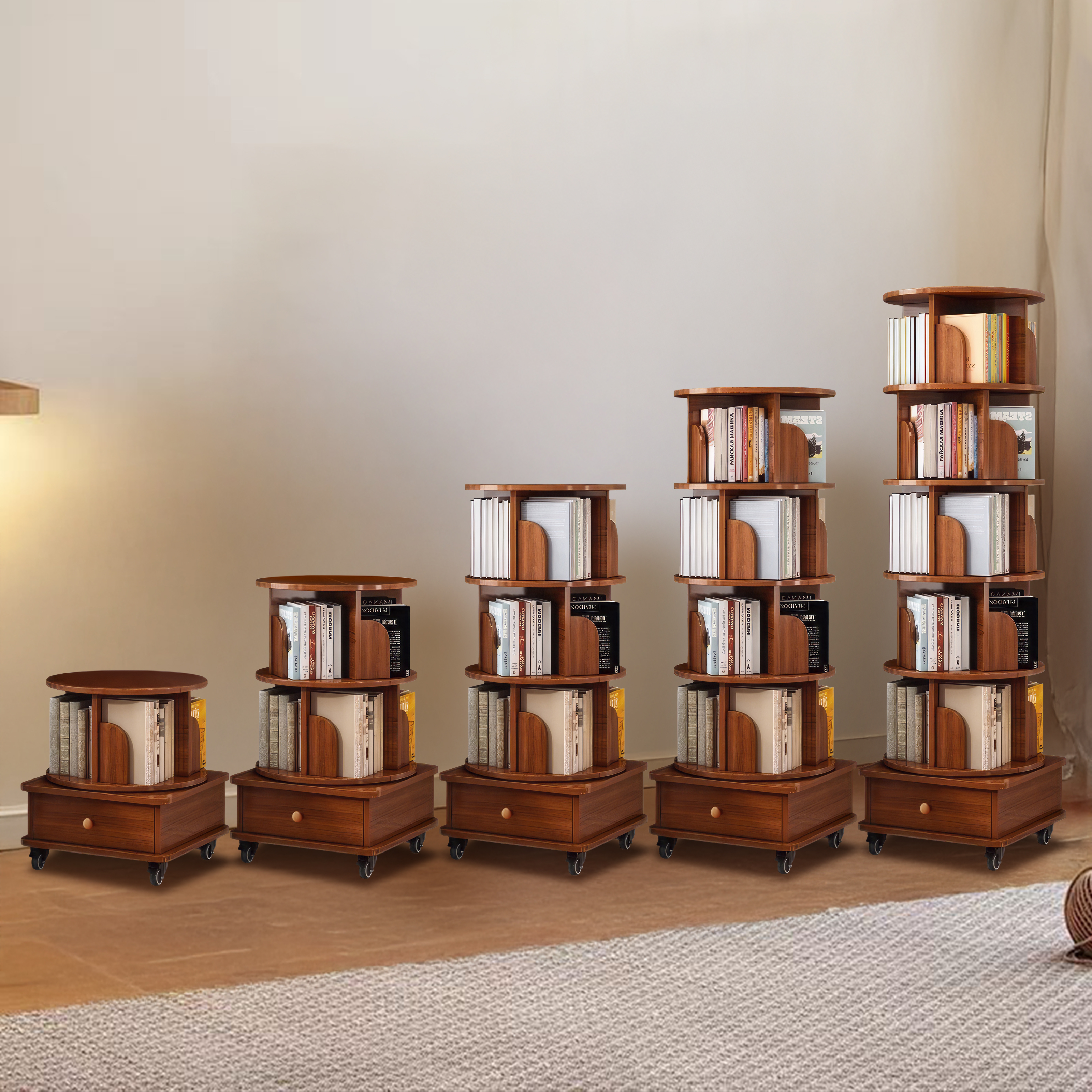 Rotating Bookshelf with Drawer, 360 Display 5 Tier Corner Bookshelf for Small Space, Floor Standing Bookcase Storage Rack, Wood Narrow Organizer for Bedroom, Living Room (WALNUT)