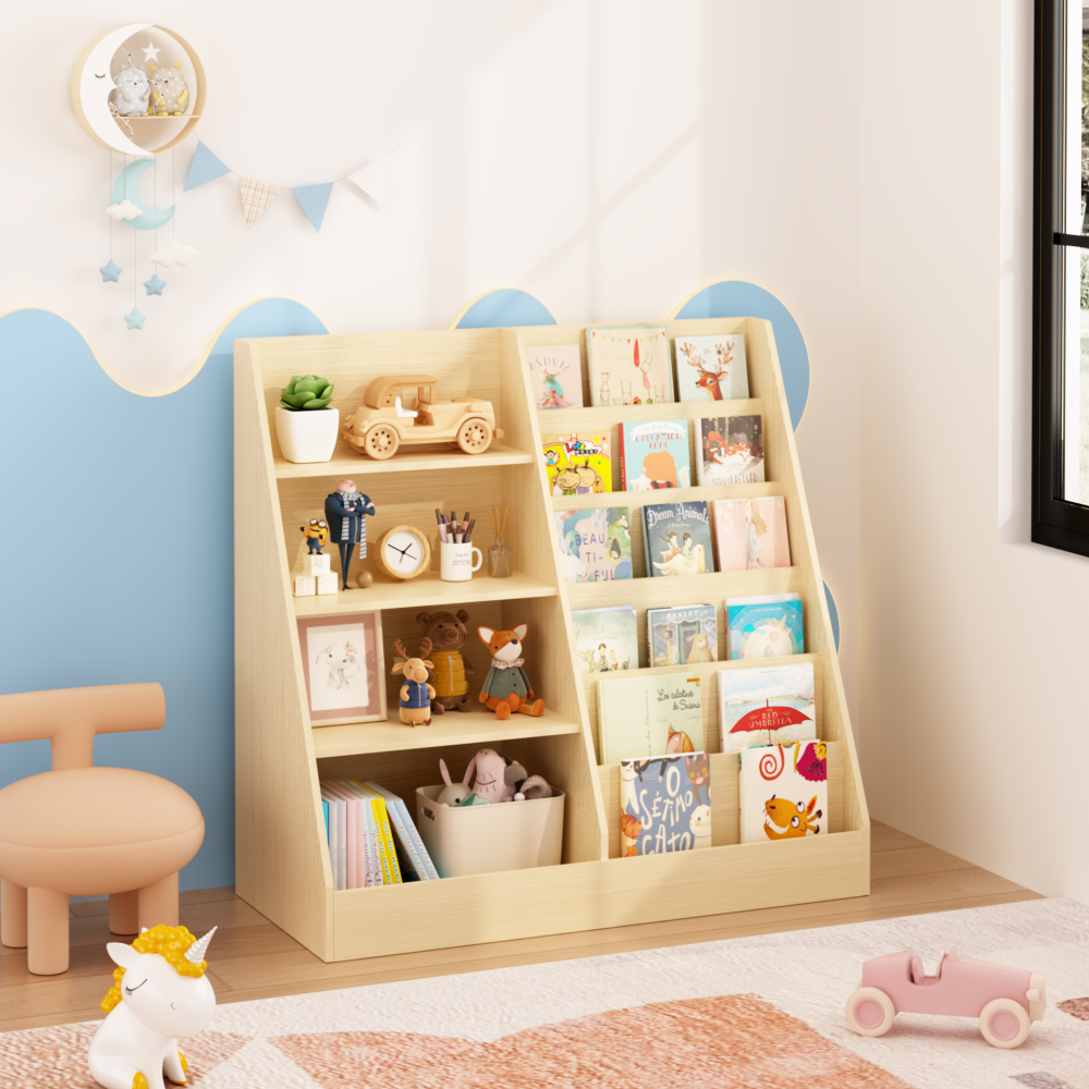 Kids Bookshelf and Toy Storage Organizer, Multifunctional 4 Tier Wooden Kids Book Shelf with Bookcase Display Stand in Kids Room Playroom Nursery for Kids, Children, Toddlers (White)