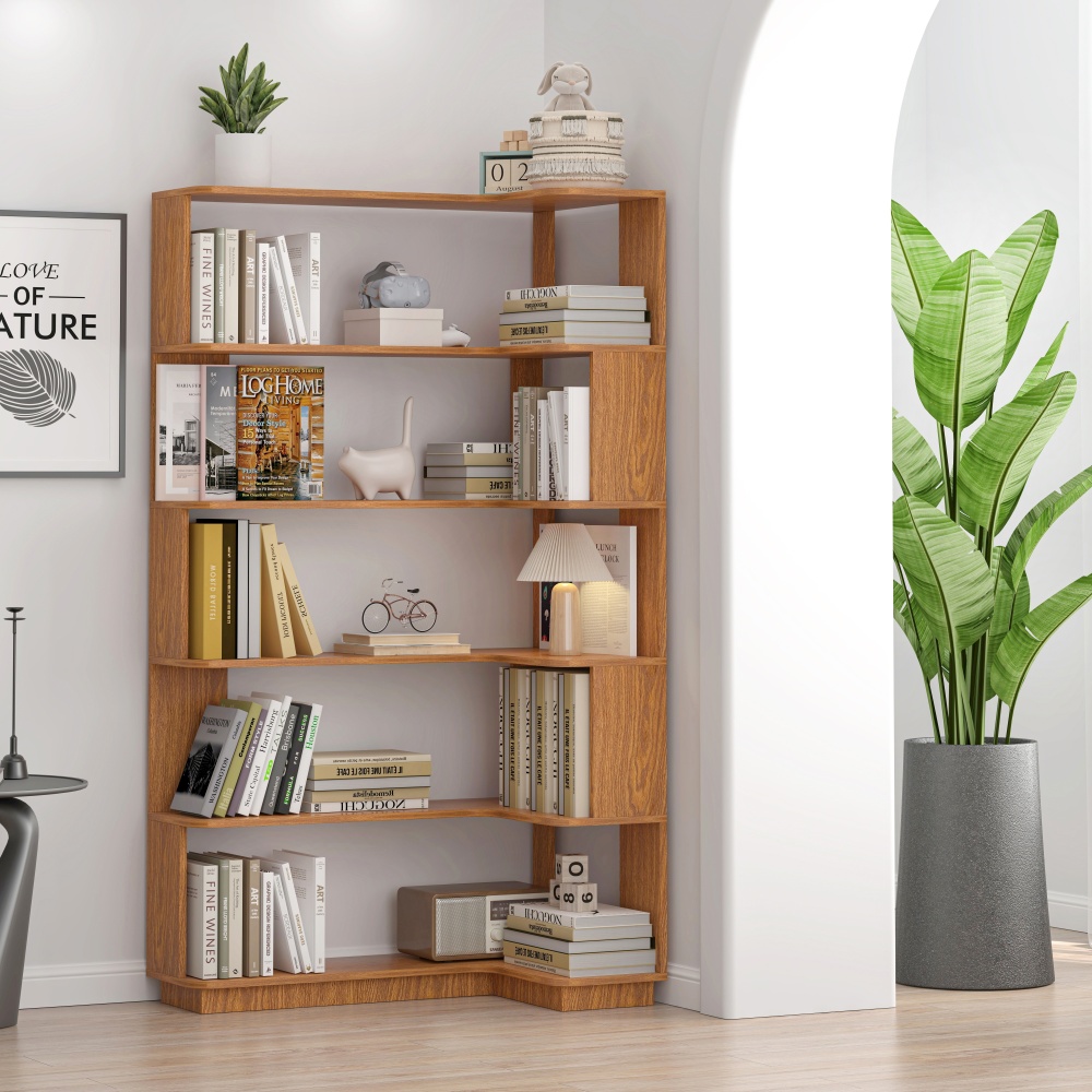90cm (35.43") extended size Freestanding Corner Bookshelf For Living Room, Bedroom, home office, Wooden Bookcase with anti-drop panel and anti tipping device, Open storage Display cabinet 5 colors