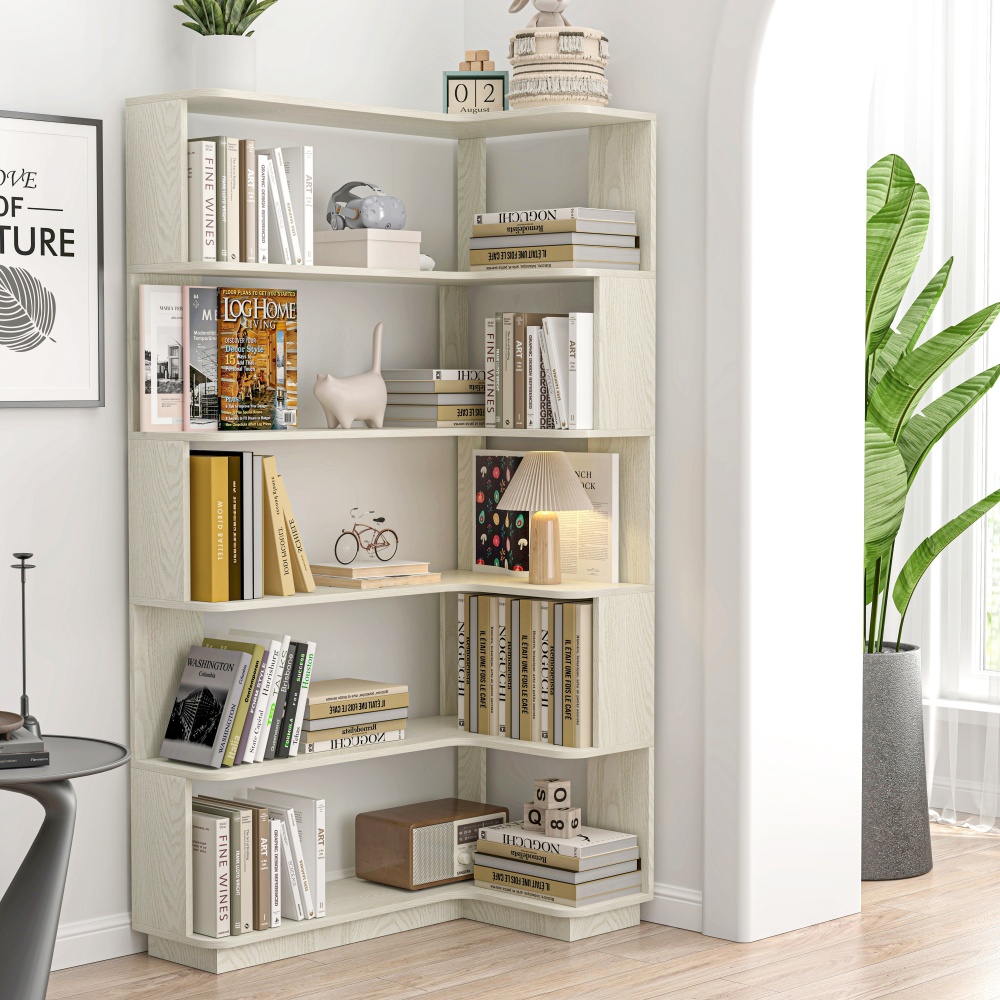 90cm (35.43") extended size Freestanding Corner Bookshelf For Living Room, Bedroom, home office, Wooden Bookcase with anti-drop panel and anti tipping device, Open storage Display cabinet 5 colors
